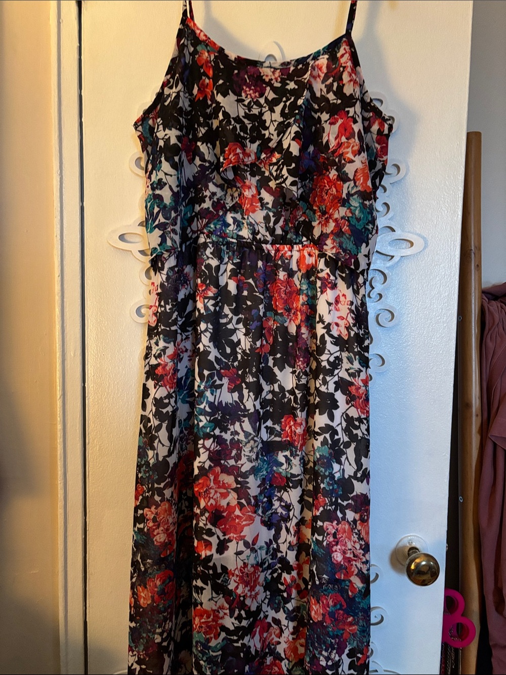 Xhilaration Black Floral Spaghetti-Strap Maxi Dress with Pink and Teal Accents